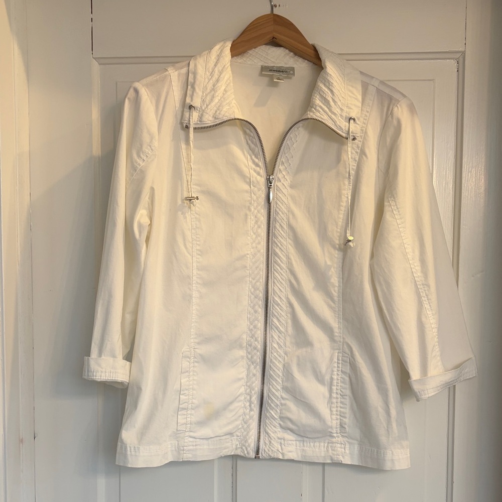 Dressbarn White Zip-Front Utility Jacket 3/4 Sleeve Women’s Size Medium